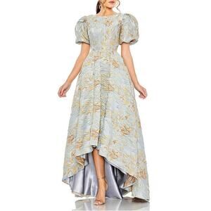 Mac Duggal 11608 Metallic Floral High Low Evening Gown Blue + Gold Size 14 Dress